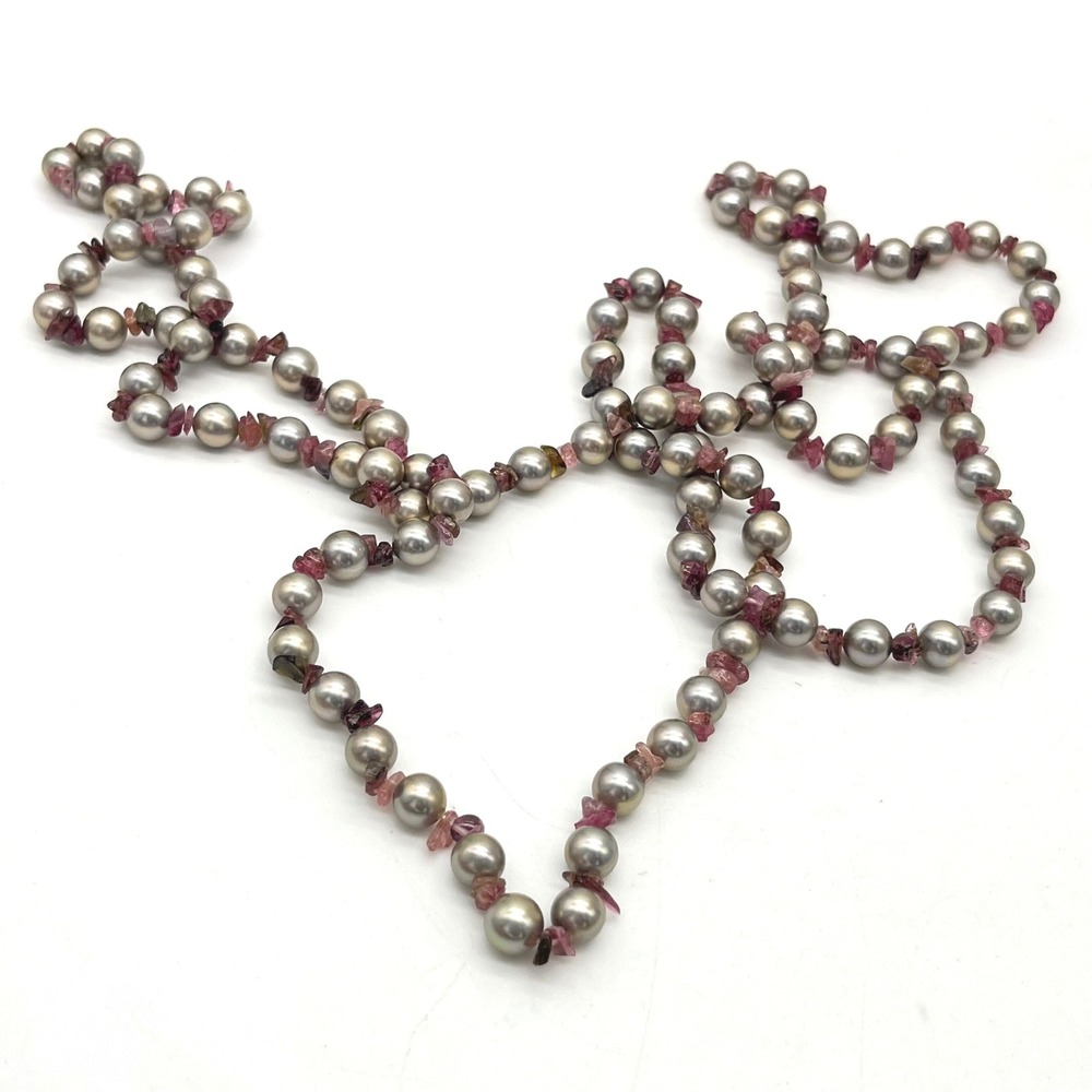 Long Grey Faux‎ Pearl and Pink Tourmaline Chip Endless Rope Necklace 48 Inch